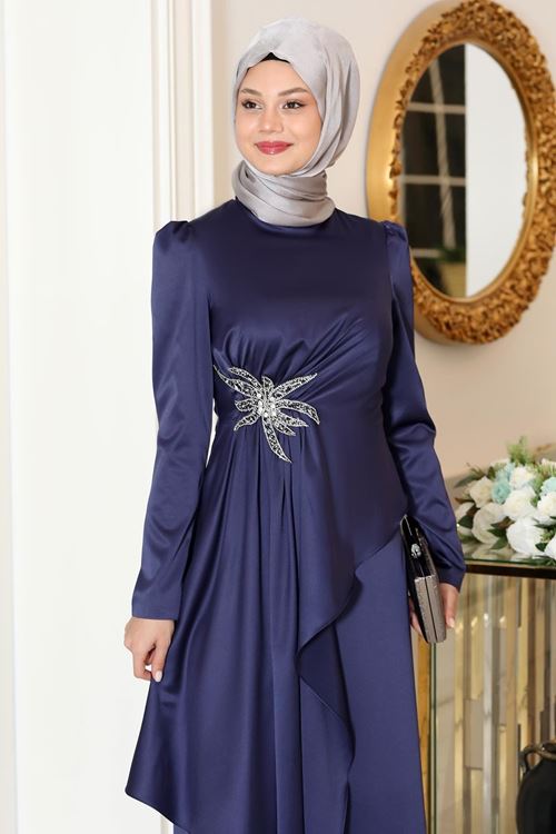 Roza Tesettür Abiye Lacivert Sef2105