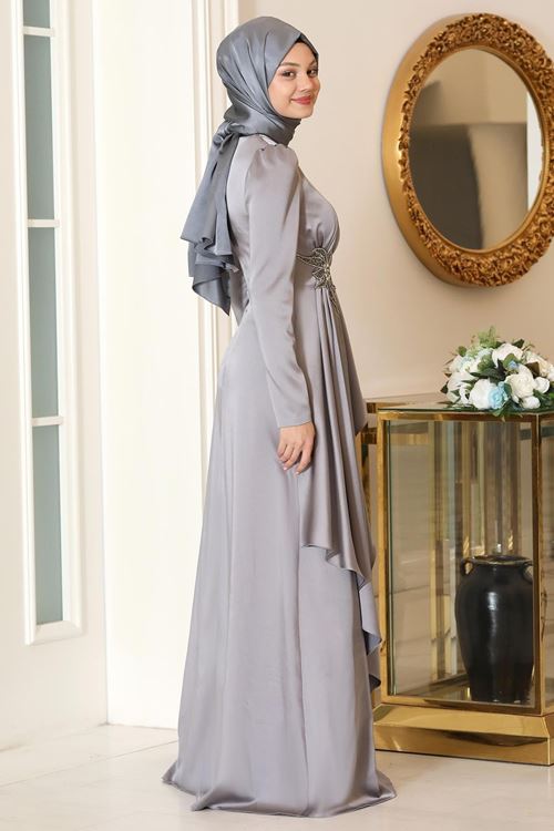 Roza Tesettür Abiye Gri  Sef2105
