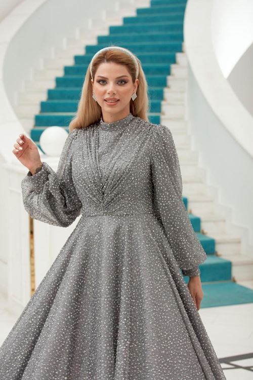 Eliz Tesettür Abiye Gri Drs2510