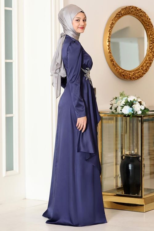 Roza Tesettür Abiye Lacivert Sef2105
