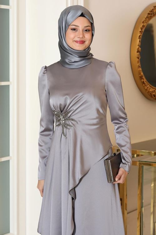 Roza Tesettür Abiye Gri  Sef2105