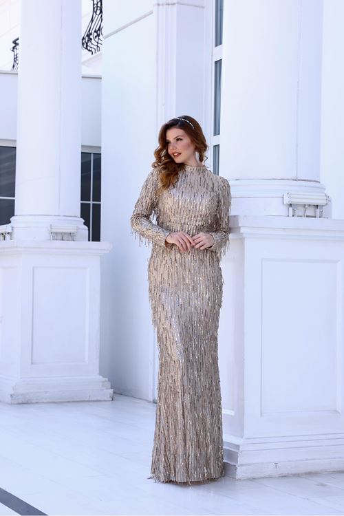 Işıltı Tesettür Abiye Gold  AHU9360