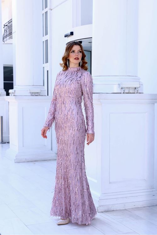 Işıltı Tesettür Abiye Lila AHU9360