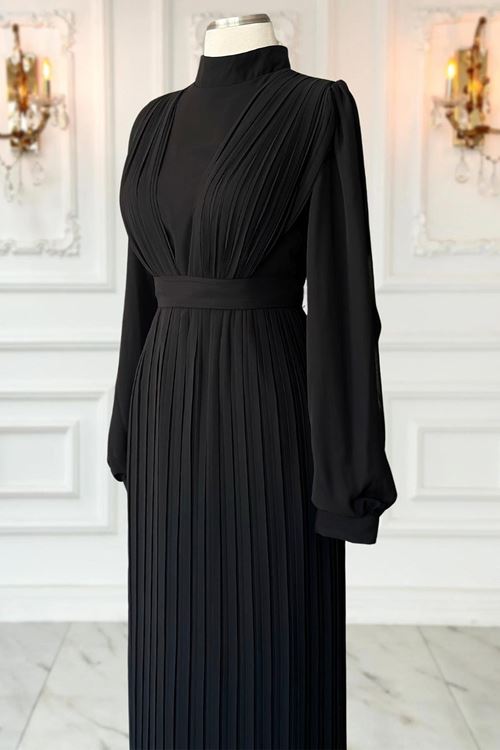 Alina Piliseli Tesettür Abiye Siyah AMİ1065