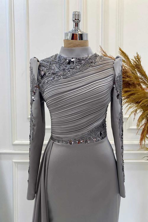 Leyla Tesettür Abiye Gri YHNR0901