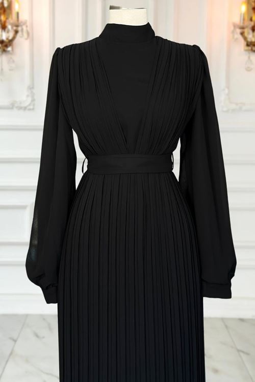 Alina Piliseli Tesettür Abiye Siyah AMİ1065