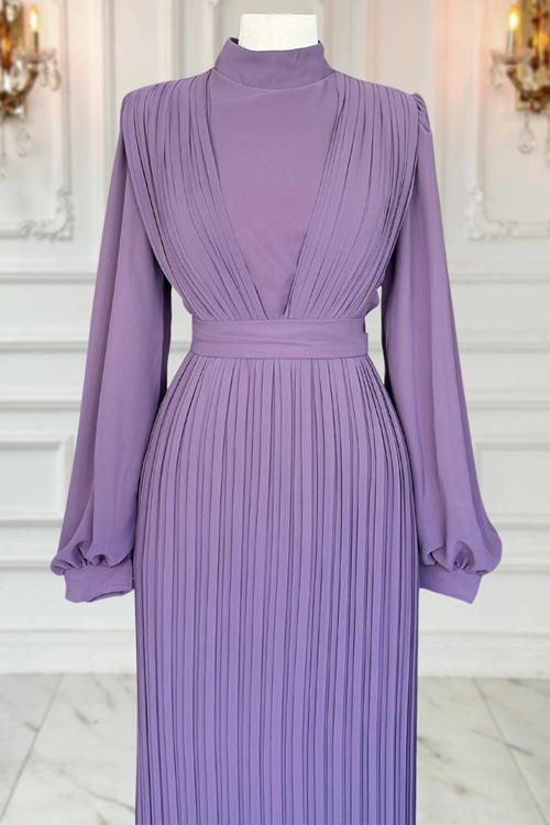 Alina Piliseli Tesettür Abiye Lavanta AMİ1065