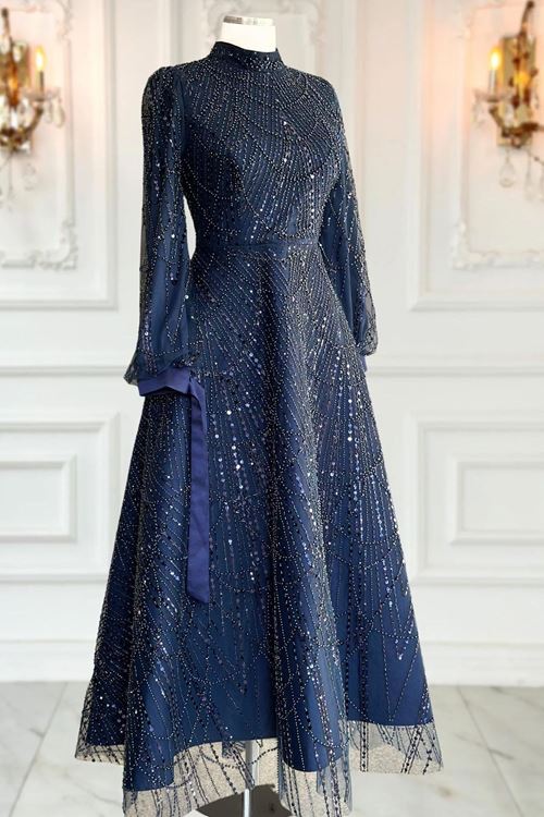 Karina Tesettür Abiye Lacivert AMİ1071