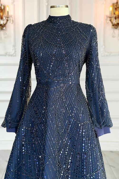 Karina Tesettür Abiye Lacivert AMİ1071