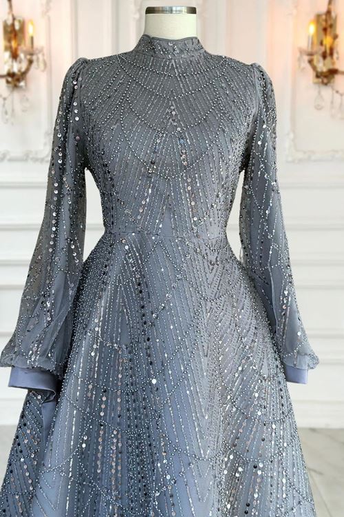 Karina Tesettür Abiye Gri AMİ1071