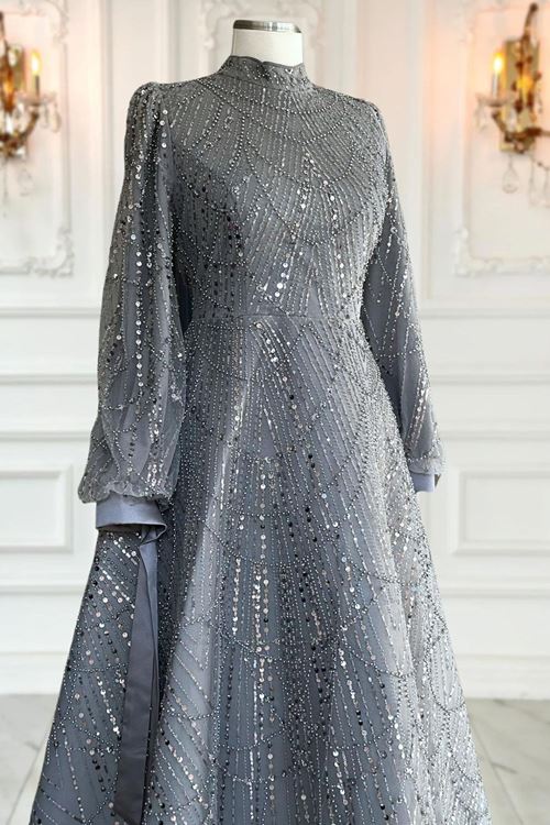 Karina Tesettür Abiye Gri AMİ1071