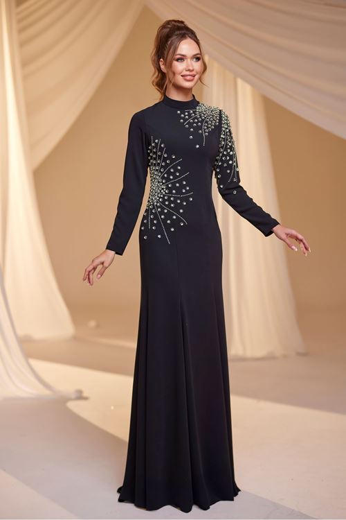 Defne Tesettür Abiye Siyah Drs2517