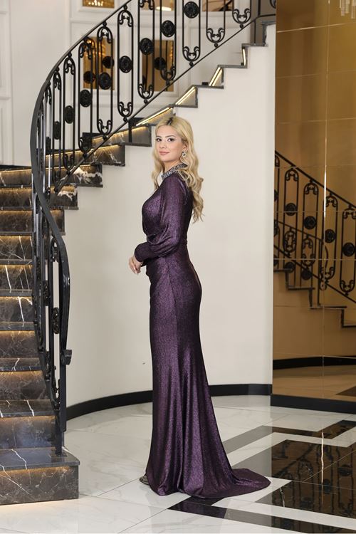 Hürrem Kuyruklu Taşlı Abiye Mor ELBN6025