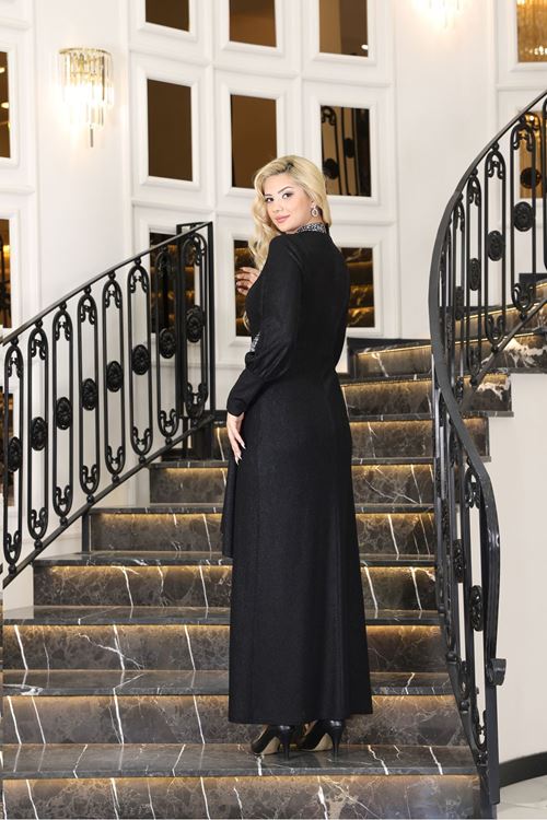 Açelya Sarkaçlı Taşlı Abiye Siyah ELBN2025